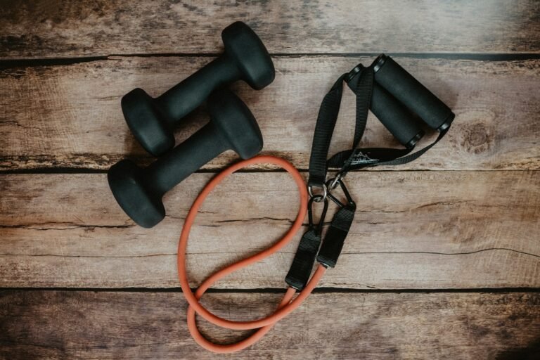 Resistance bands and simple training equipment arranged for a home workout