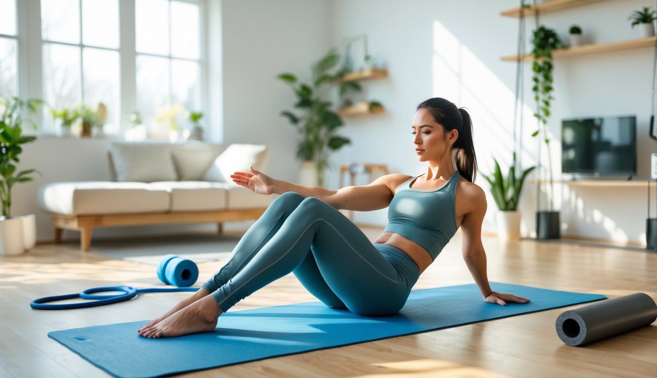 Person doing mobility training exercises on a yoga mat in a bright living room at home.