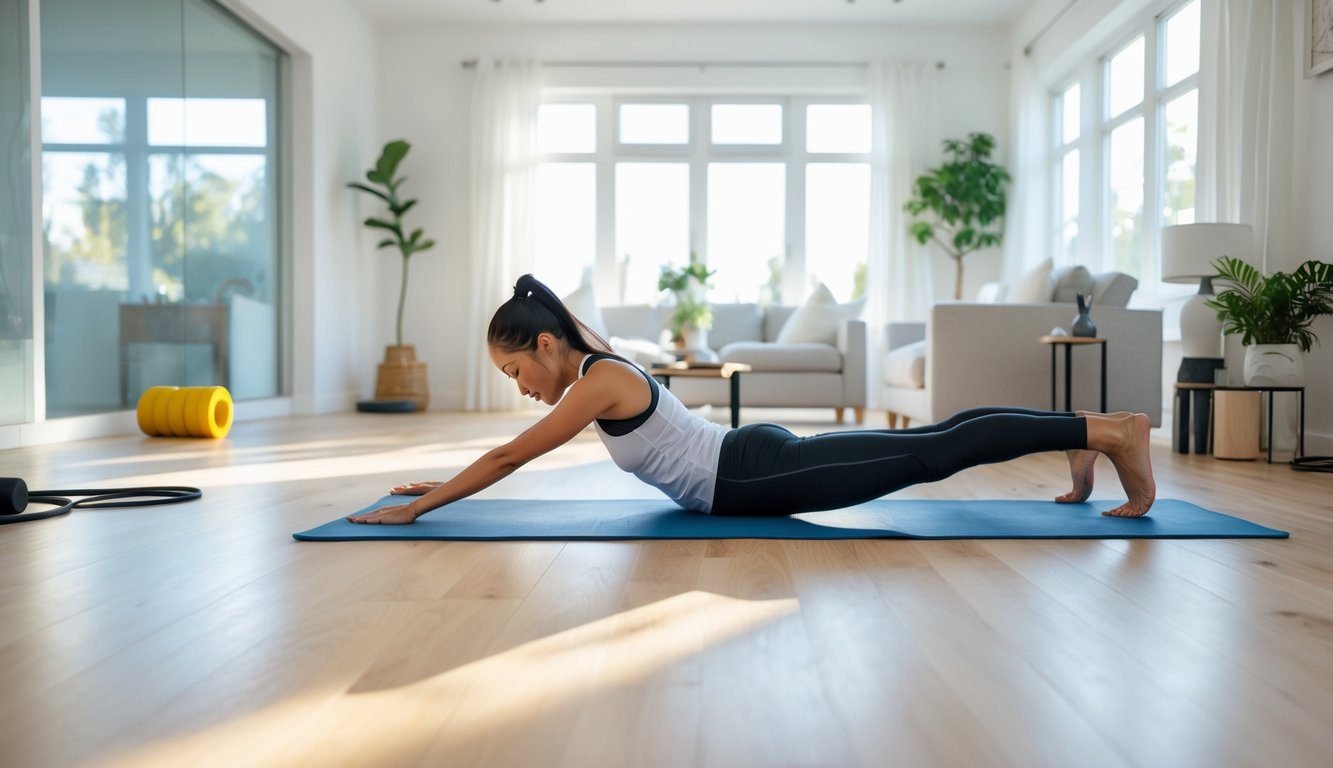 Person doing mobility exercises on a yoga mat in a bright living room with fitness accessories nearby.