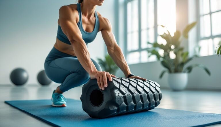 An adult using a foam roller on their calf muscles indoors on a yoga mat in a bright fitness studio.