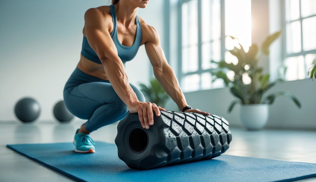 An adult using a foam roller on their calf muscles indoors on a yoga mat in a bright fitness studio.