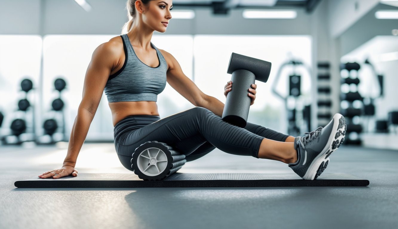 A young woman using a foam roller on her calf muscles while sitting on an exercise mat in a gym.
