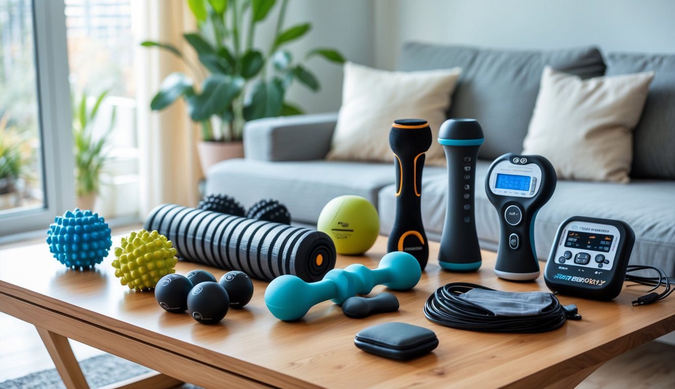 A variety of home recovery tools arranged on a wooden table in a bright room with a couch and plant in the background.