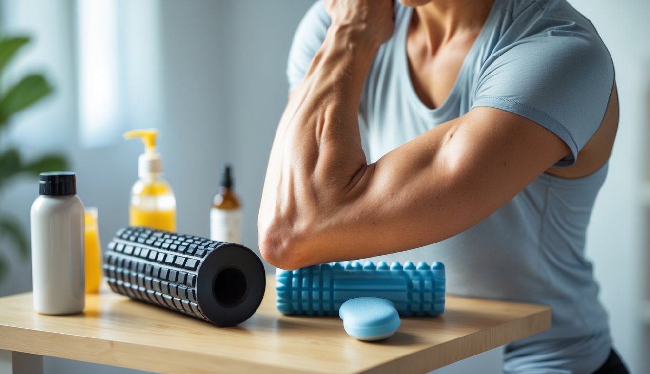 A person gently massaging their arm muscles with muscle relief items nearby on a table.