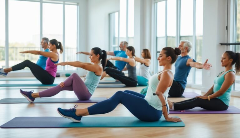 A group of adults stretching and exercising in a bright fitness studio to improve flexibility and mobility.