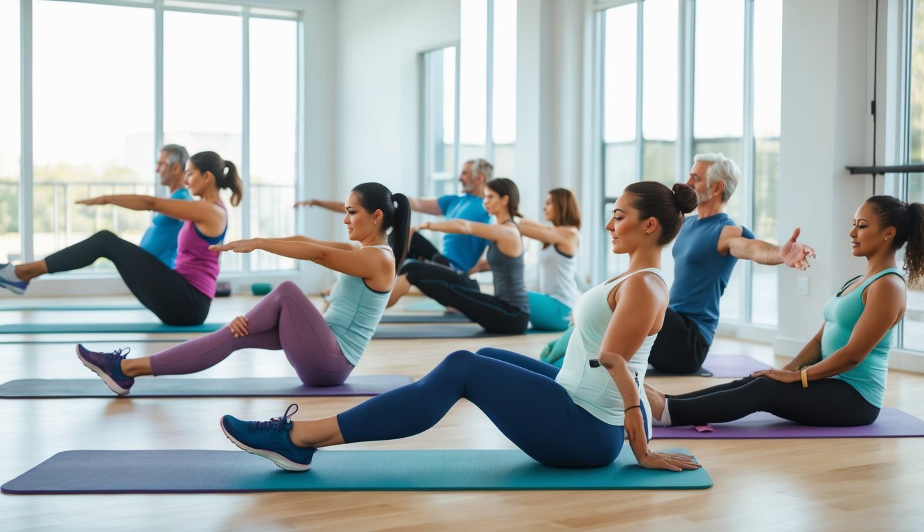 A group of adults stretching and exercising in a bright fitness studio to improve flexibility and mobility.