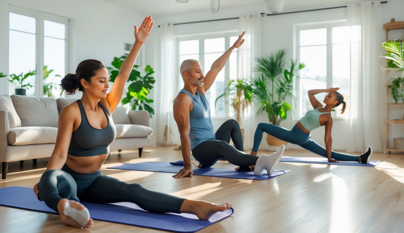 A diverse group of adults doing stretching exercises in a bright living room with large windows and plants.