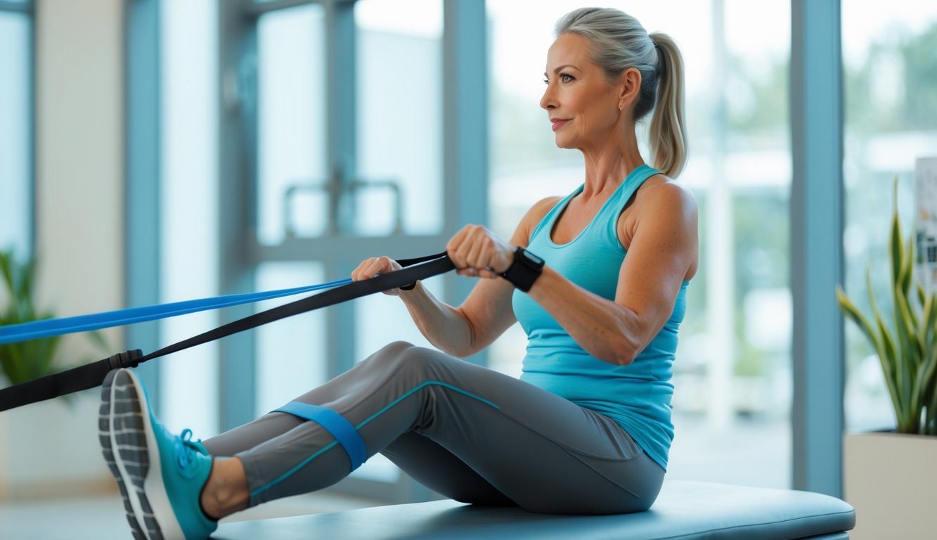 Woman using a resistance band for recovery exercises in a bright rehabilitation setting