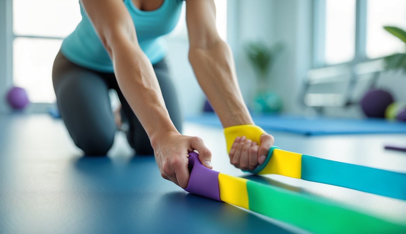 Hands stretching resistance bands during a low-intensity recovery session