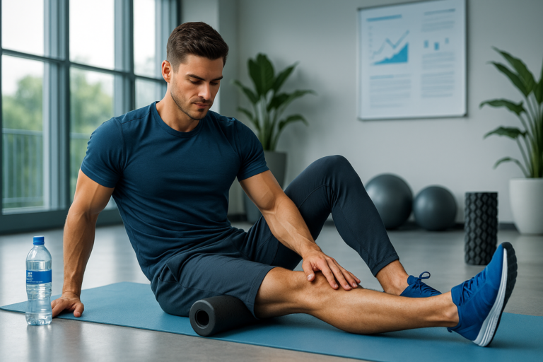 Fit man using a foam roller on a gym mat to improve muscle recovery and reduce soreness.