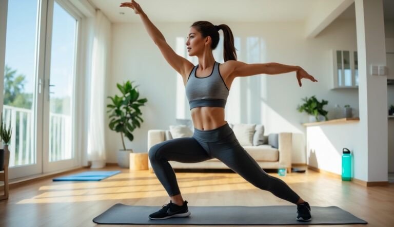 A young woman in athletic wear doing a warm-up stretch in a bright living room at home.